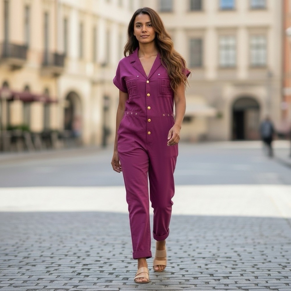 Emily McCarthy Small Magenta Tencel Blend Cap Sleeve Cuffed‎ Ankle Romper